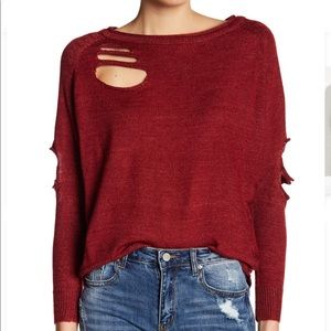 Burgundy distressed graphic pullover sweater sz S